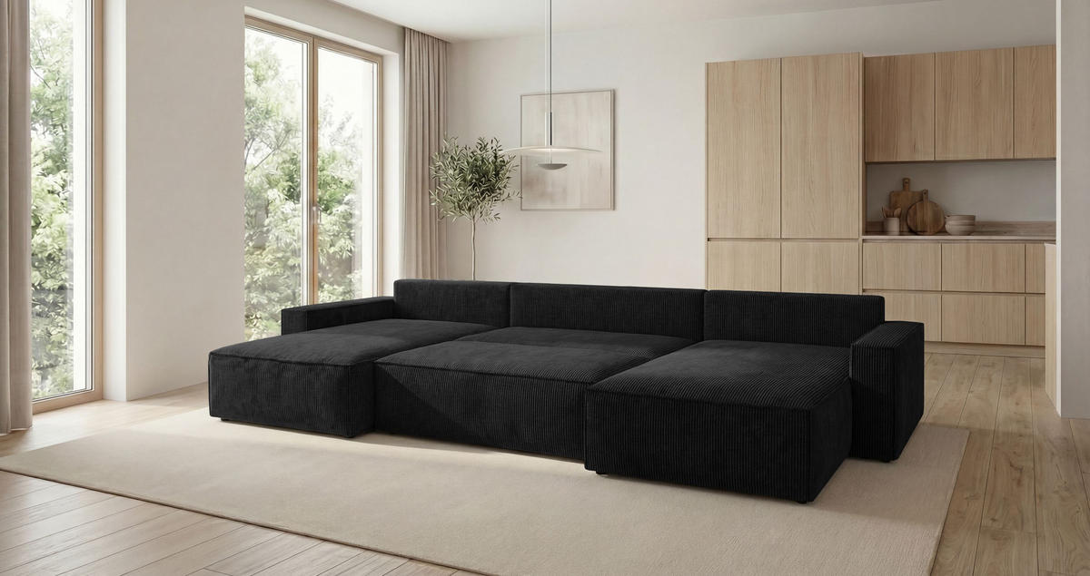 WOHNLANDSCHAFT VIENNA U-Form schwarz Cord Poso 135 - Schlaffunktion, Bettkasten - Schwarz, Textil (385/86/185cm) - Cornero