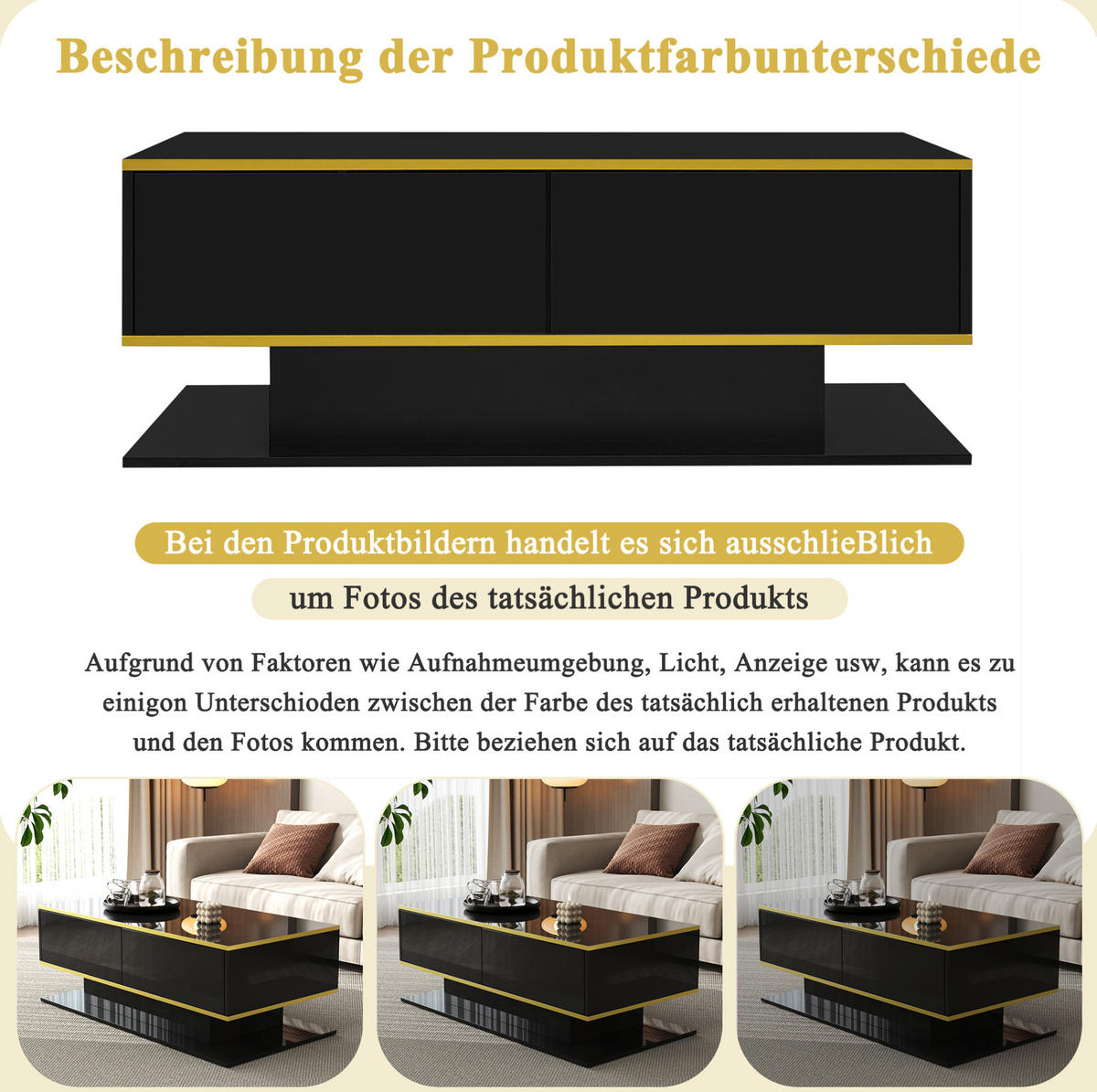 COUCHTISCH 100/50/40 cm in Schwarz/Gold mit LED-Beleuchtung und 3 Schubladen - Schwarz, Holzwerkstoff (100/50/40cm) - Flora Grace