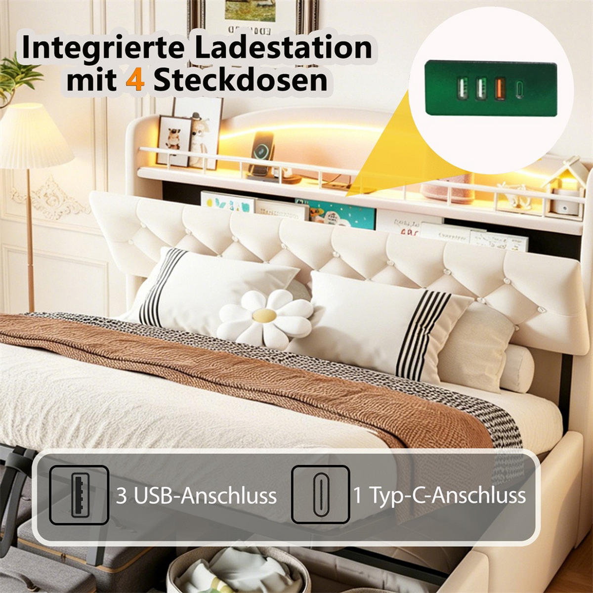 POLSTERBETT 140x200 cm mit hydraulischem Stauraum - LED Beleuchtung & Ladestation - Beige - Ohne Matratze - Beige, Textil (140/200cm) - DELFA