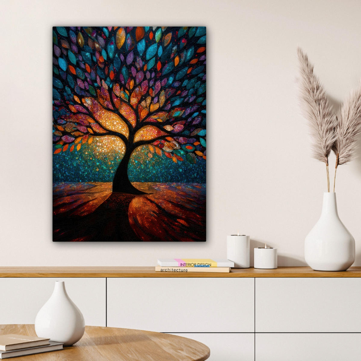 LEINWANDBILD Mosaik - Bunt - Baum - Äste Wandbild Wohnzimmer 60x80 cm - Multicolor, Textil (60/80cm) - MuchoWow