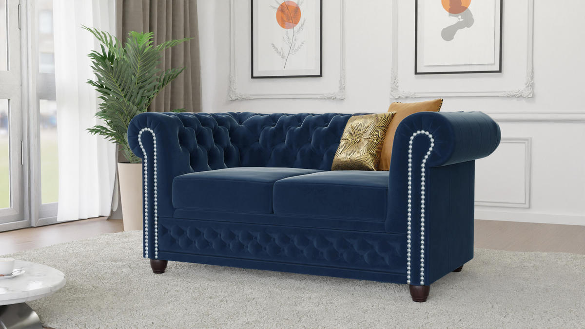 SITZGARNITUR 3+2+1 Chesterfield Nyx Marineblau Samt - Dunkelblau/Braun, Holz/Textil (203/72/86cm) - S-Style Möbel