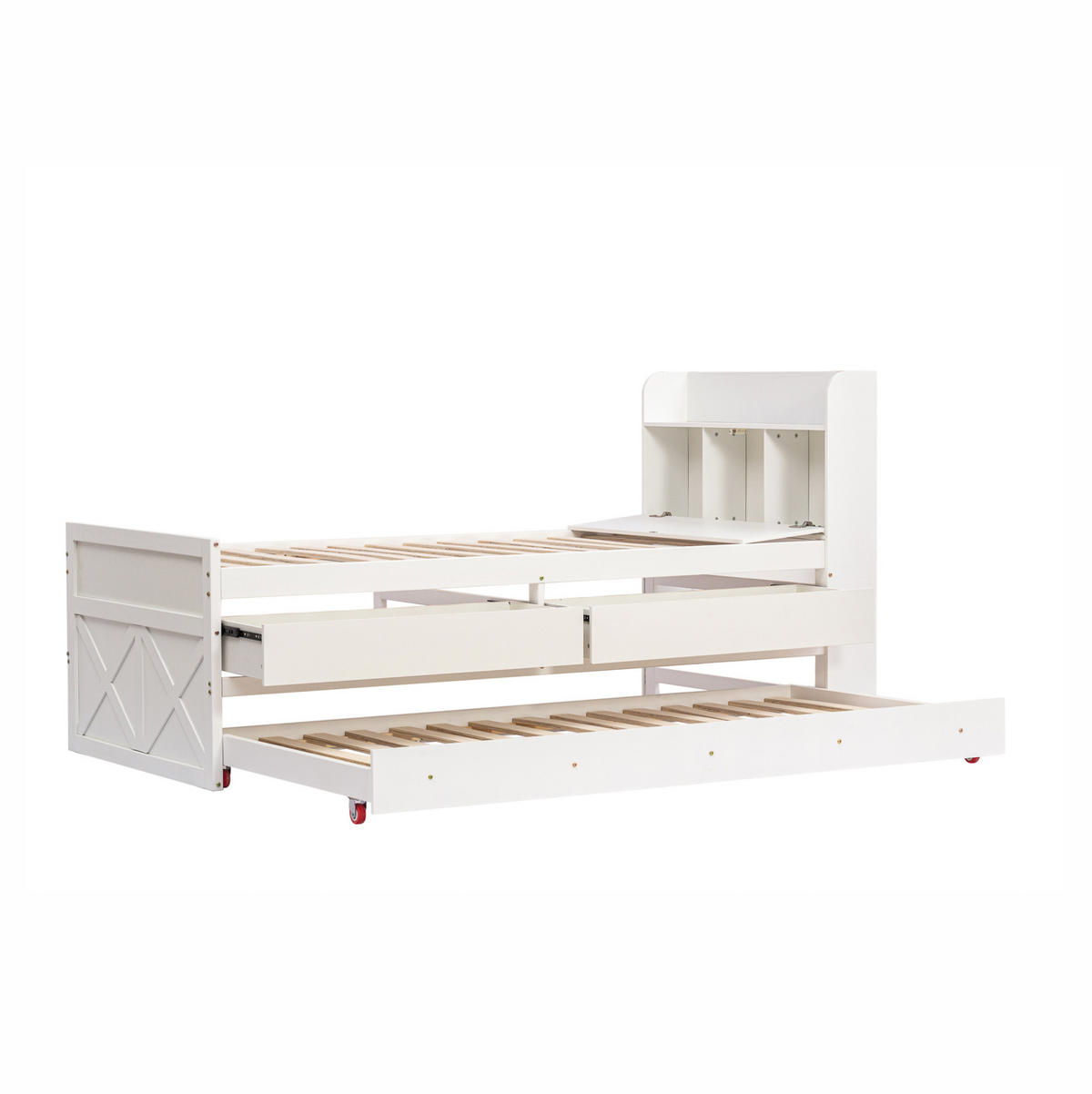 EINZELBETT aus Massivholz 90x190 cm Weiß mit Ausziehbett, Schubladen, Nachttisch und USB-Anschluss - Weiß, Holzwerkstoff (90/200cm) - IVMEU