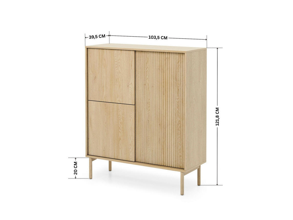 HIGHBOARD TAVO 104 cm Eiche Cremona - mit Riffel-Fronten und Holzfüßen - Eichefarben, Holz/Holzwerkstoff (103/122/39cm) - Ravio