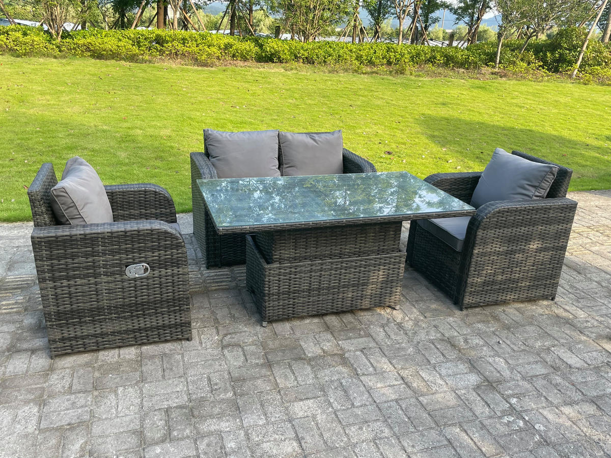 GARTENMÖBELSET mit Couchtisch Polyrattan 4-Sitzer - Dunkelgrau/Grau, Glas/Kunststoff - Fimous