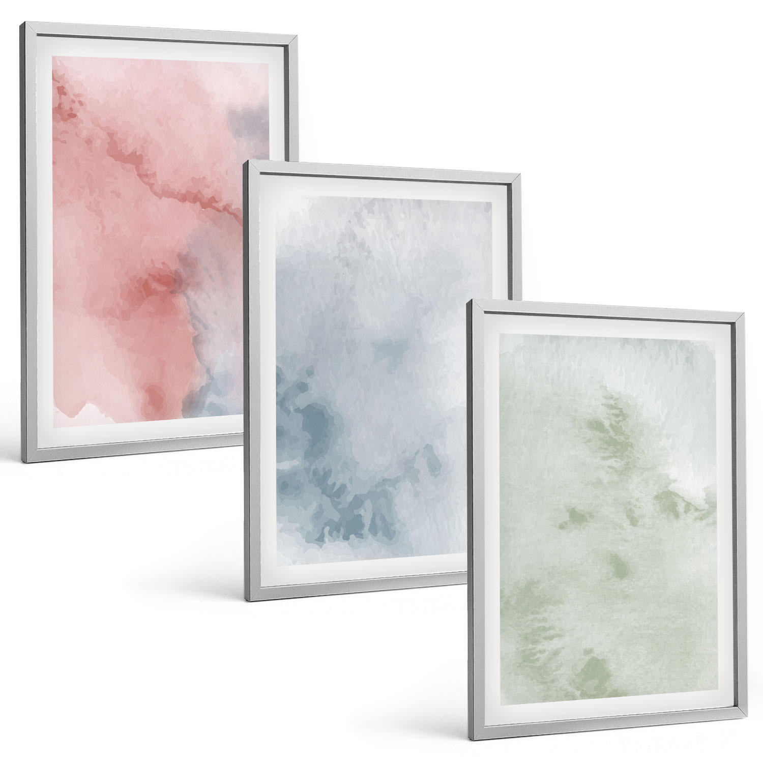 BILDER SET 3er Set - 40x60 cm Silberner Rahmen - Pastellfarbene Aquarellstrukturen - Silberfarben, Kunststoff (40/60cm) - TULUP