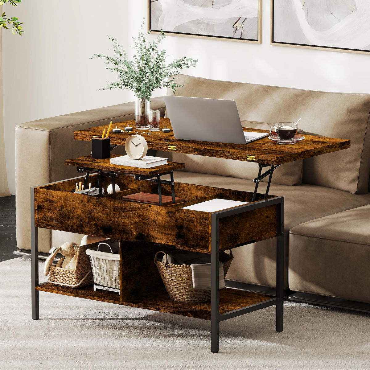 COUCHTISCH DE-15810 2 klappbare Platten Braun - Braun, Holzwerkstoff (98/49/55cm) - ComfortXL