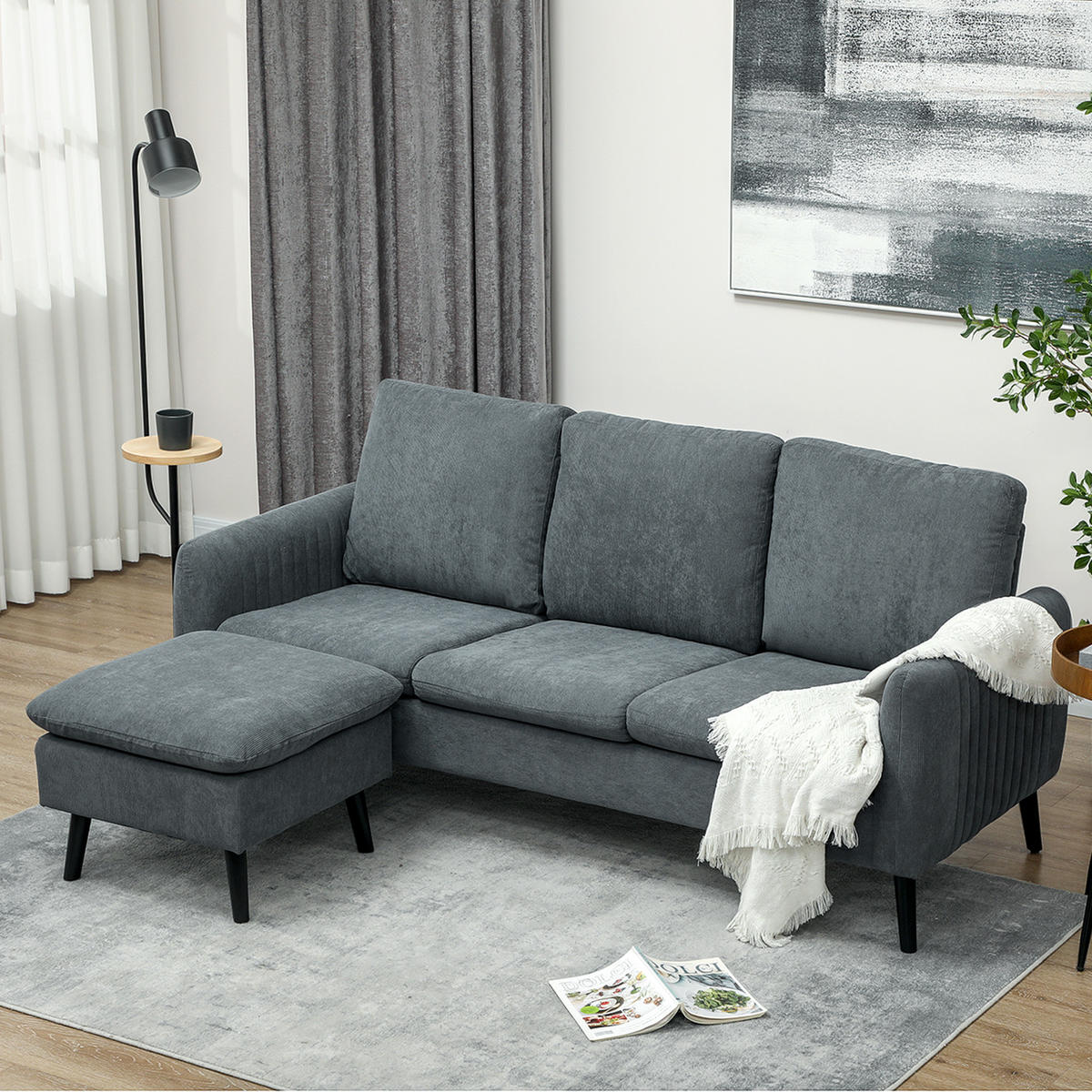 ECKSOFA mit Schlaffunktion Sofa mit Fußhocker, 3 Wurfkissen für Wohnzimmer - Dunkelgrau, Textil (140/196cm) - HOMCOM