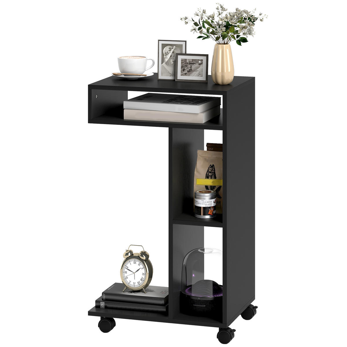 BEISTELLTISCH C-Form Nachttisch mit 4 Regalen, Rollen, Couchtisch, Wohnzimmertisch Laptoptisch für Wohnzimmer Schlafzimmer 40 x 30 x 69 cm Schwarz - Schwarz, Holzwerkstoff (30/40/69cm)
