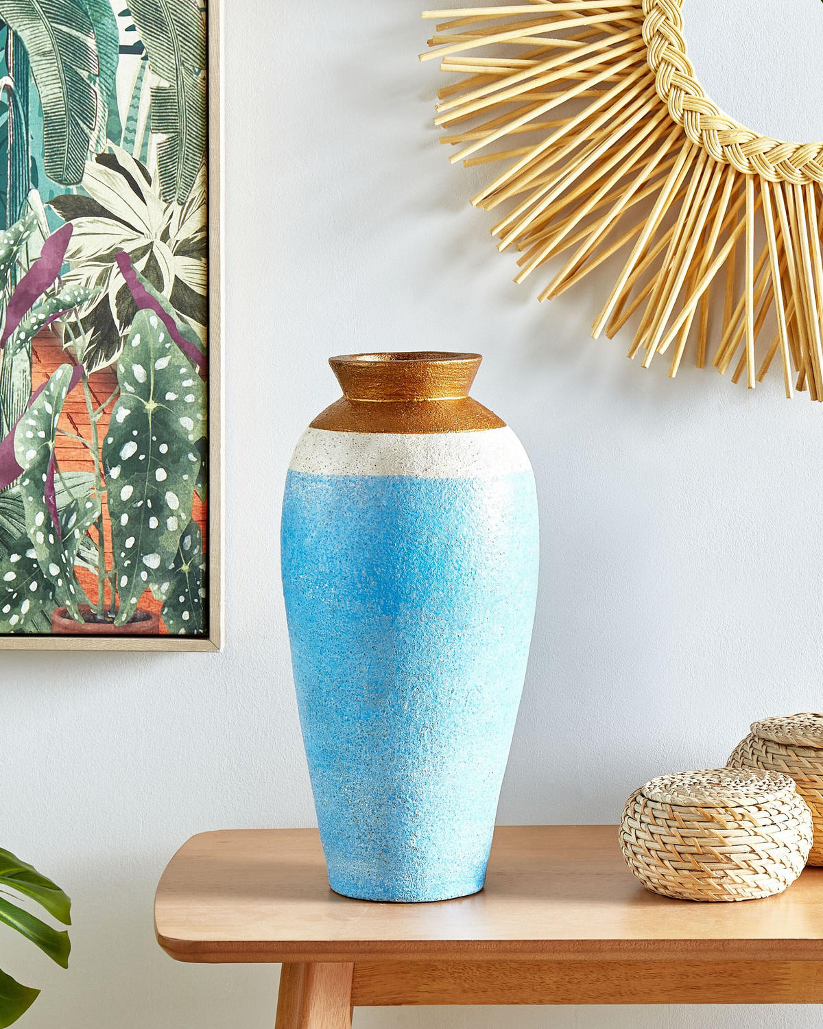 DEKOVASE Terrakotta blau Plateje - Blau, Stein (42cm) - Beliani