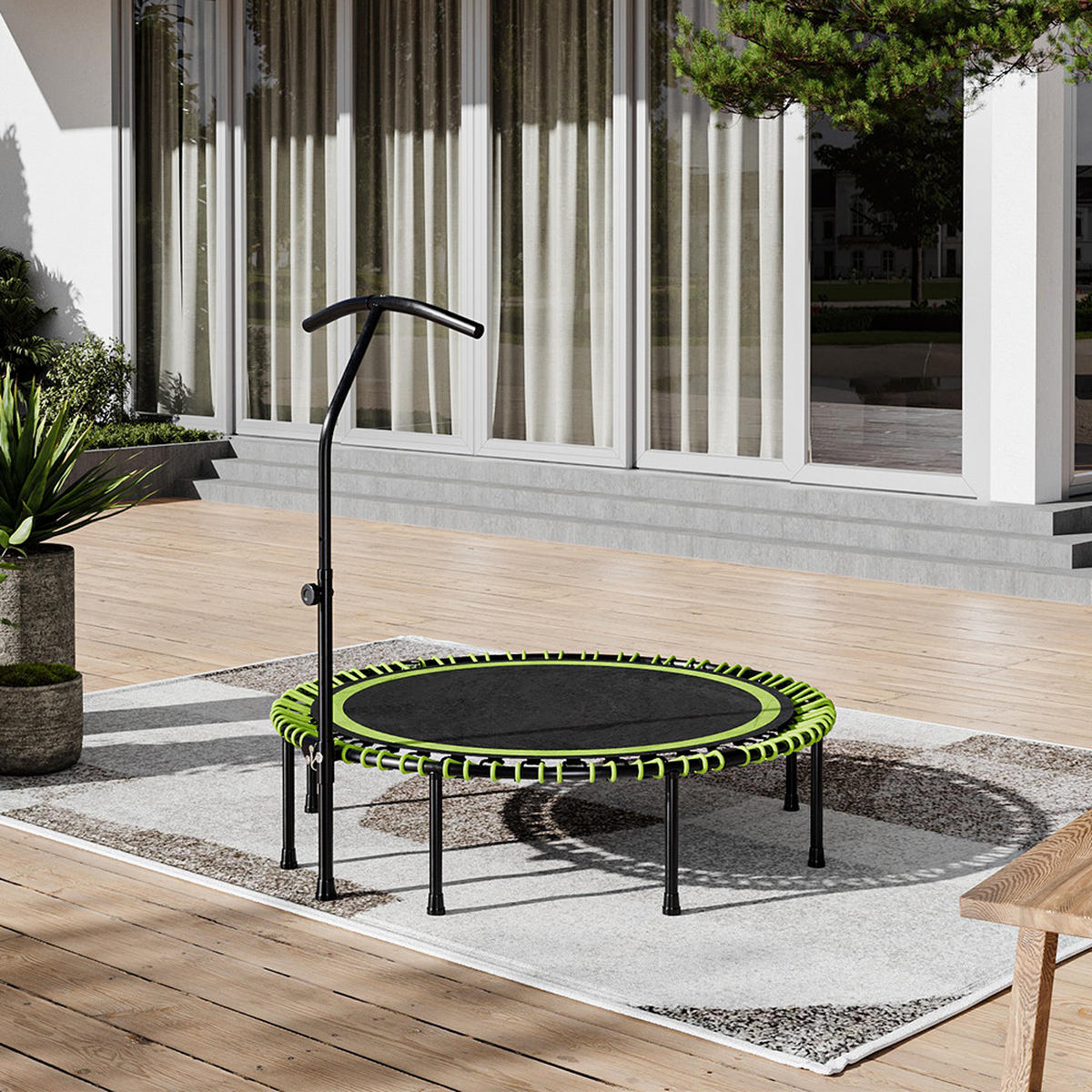 48-ZOLL-RUNDTRAMPOLIN mit Bungee-Seilen und verstellbarem T-Griff Faltbar aus Stahl Oxford-Gewebe Gummiseil in Schwarz Grün 122 x 122 Tx 123 cm - Grün, Metall (122/122cm) - Livingandhome