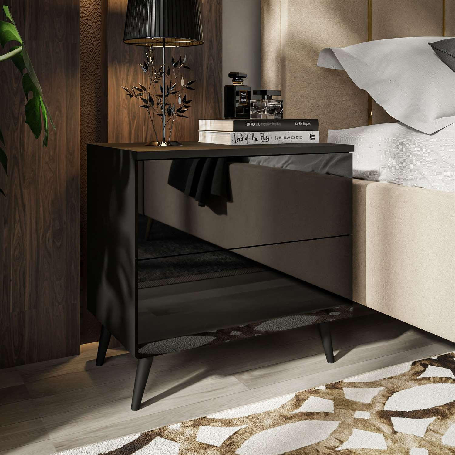 NACHTTISCH AURA PUSH OPEN mit schwarzen Beinen - Schwarz, Holzwerkstoff (55/54/37cm) - Lookway