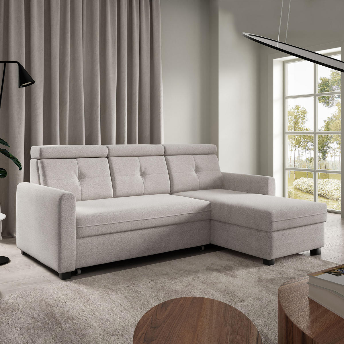 ECKSCHLAFSOFA Milano, Beige, rechts - Beige/Schwarz, Textil (217/166cm) - Beautysofa