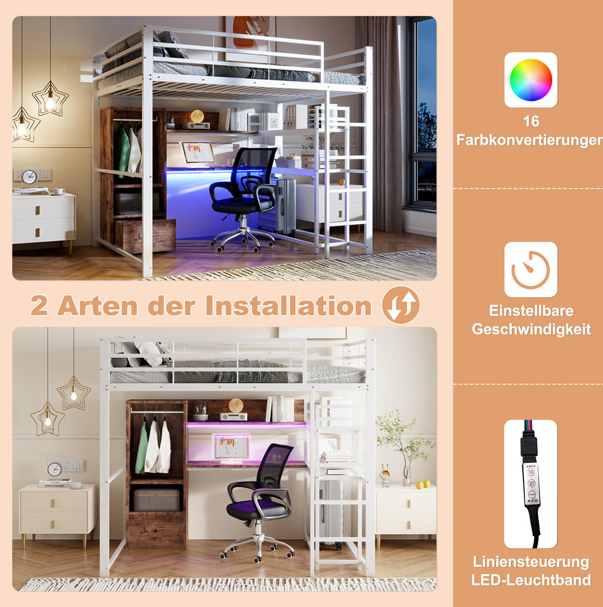 HOCHBETT 140/200 cm aus Metall und MDF mit Schreibtisch, Stauraum und LED-Beleuchtung Weiß - Weiß, Holzwerkstoff (140/200cm) - Modenvie