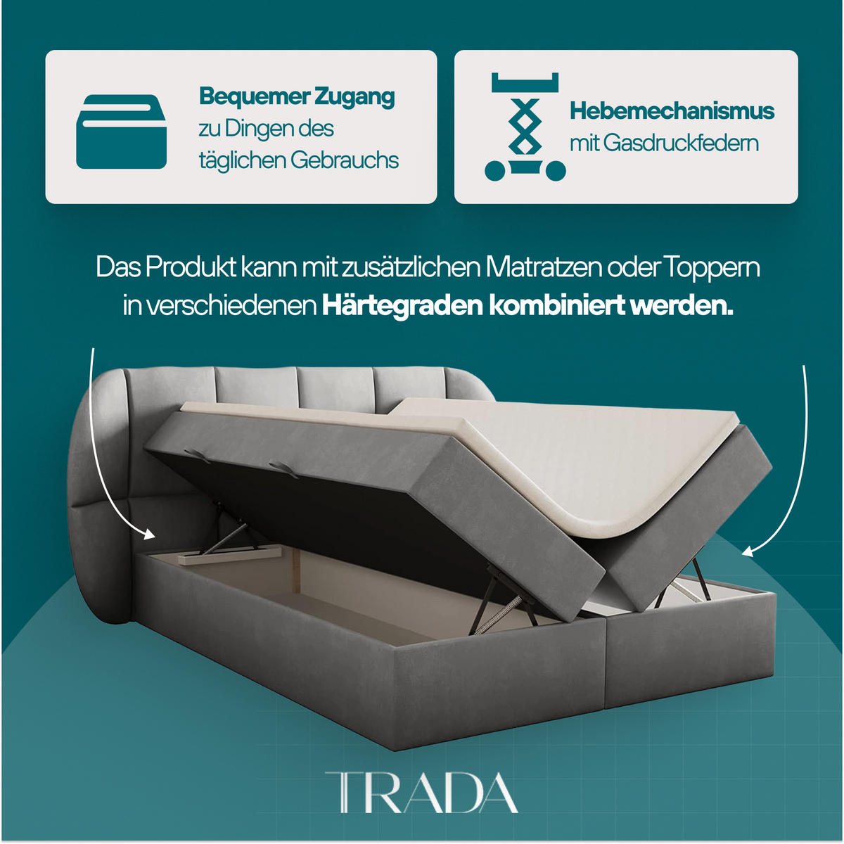 BOXBETT 160x200 cm, BILBAO, Elegant dekoratives Kopfteil, Mit Bettkasten und Taschenmatratze, Schwarz - Schwarz, Holzwerkstoff/Kunststoff (160/200cm) - Trada