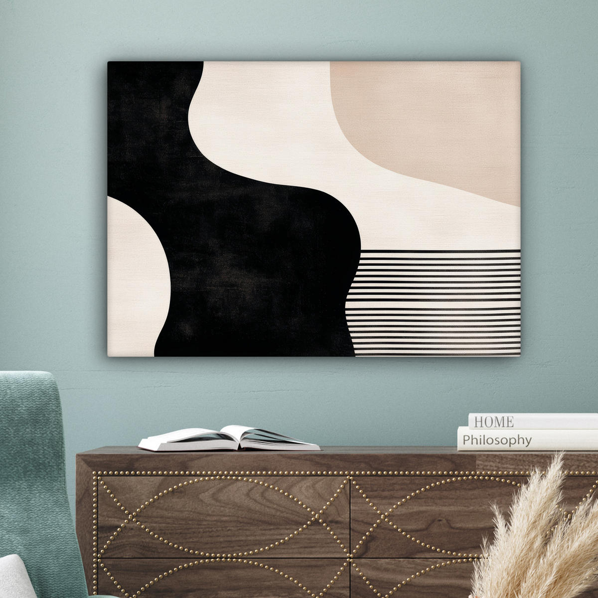 LEINWANDBILD Abstrakt - Japandi - Beige - Modern Wandbilder 80x60 cm - Schwarz, Textil (80/60cm) - MuchoWow