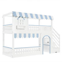 ETAGENBETT 90/200 cm DE-02271, in Weiß/Blau, mit Treppenaufbewahrung und Fensterdetails - Weiß, Holz/Holzwerkstoff (90/200cm) - ComfortXL
