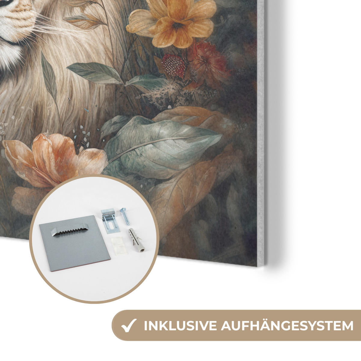 AKUSTIKPANEEL Löwe - Wildtiere - Pflanzen - Natur - Blumen 90x90 cm - Beige, Textil (90/0.9/90cm) - MuchoWow