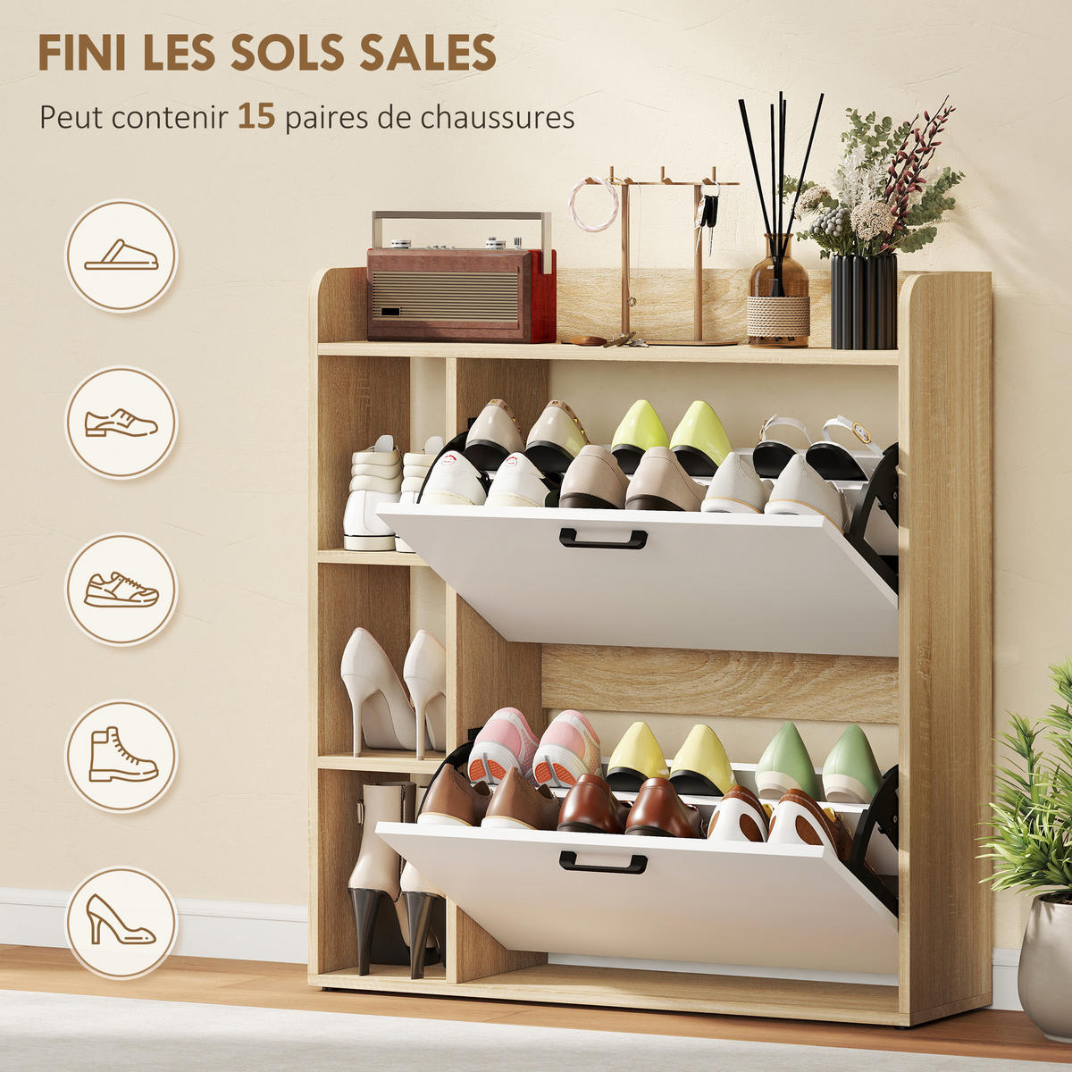 SCHUHKIPPER DE-15068 2 Klapp-Schubladen, 3 Seitenfächer, für 15 Paar Schuhe Naturholz - Naturfarben, Holzwerkstoff (83/90.5/24cm) - ComfortXL