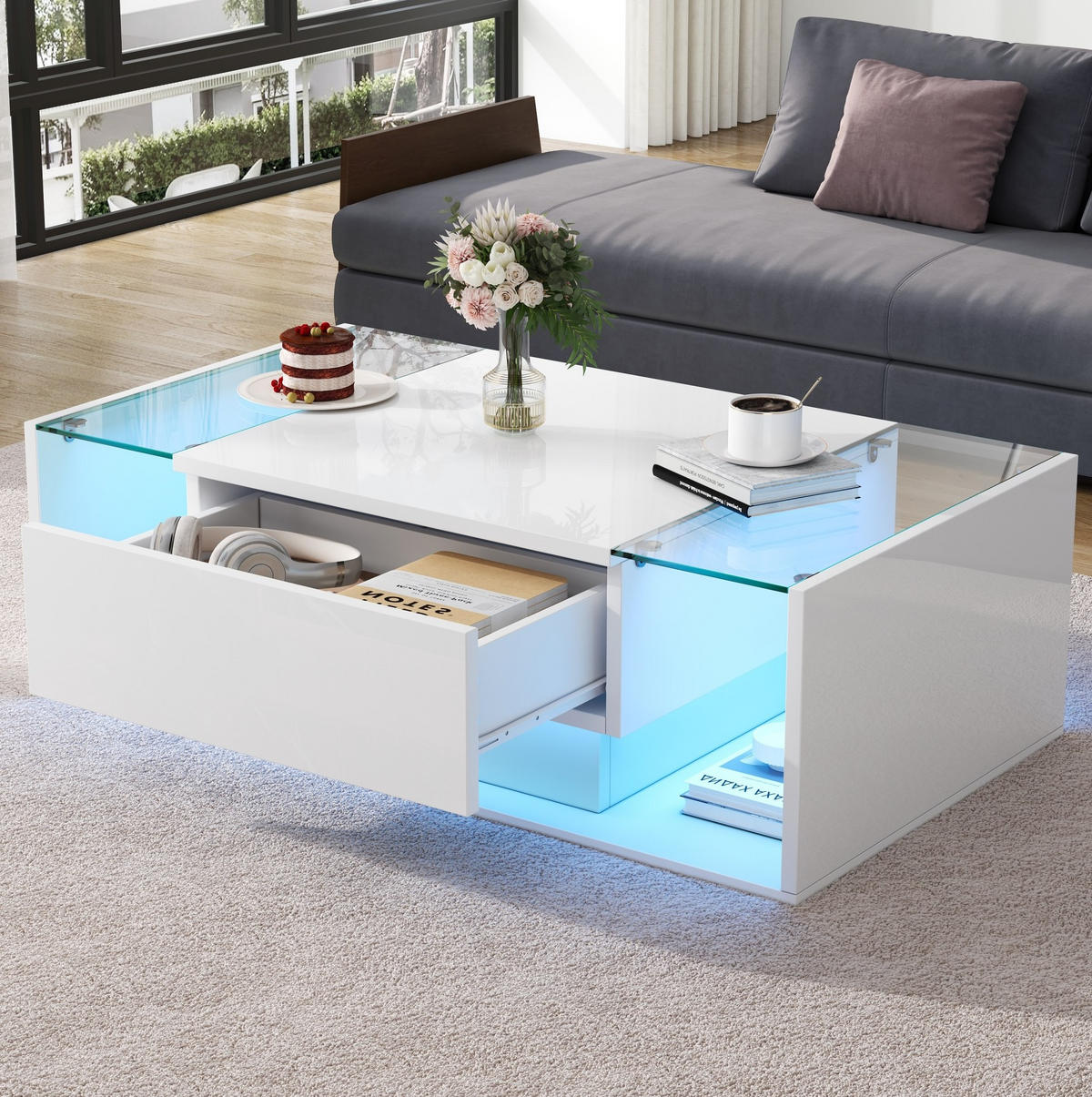 COUCHTISCH aus Spanplatte & Glas 100x50x31 cm in Weiß mit LED & 1 Schublade - Weiß, Holzwerkstoff (100/50/31cm) - Modfu