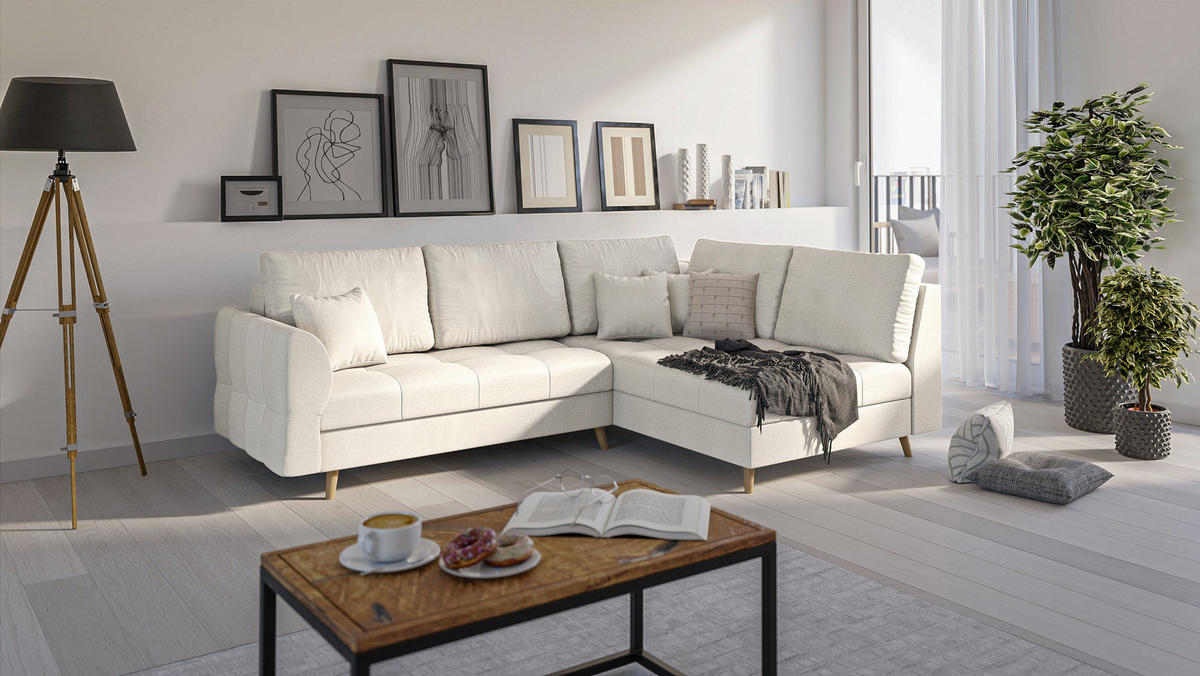 ECKSOFA MIT HOCKER Lorine Mikrofaser Ecru - Ecru/Hellbraun, Buchenholz/Textil (231/161cm) - S-Style Möbel