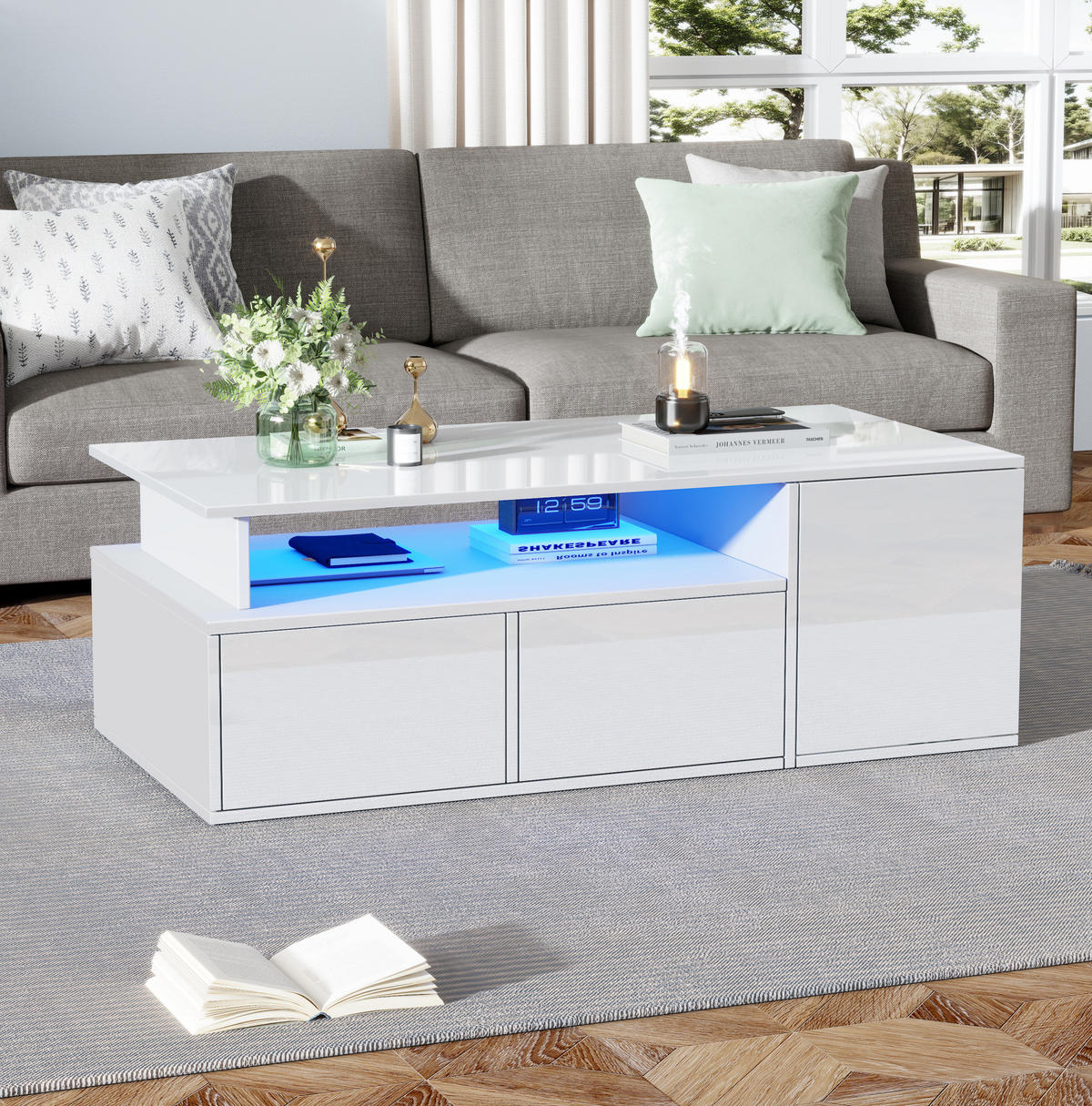COUCHTISCH aus Spanplatte 100x50x35 cm Weiß mit LED-Beleuchtung und Stauraum - Weiß, Holzwerkstoff (100/50/35cm) - IVMEU