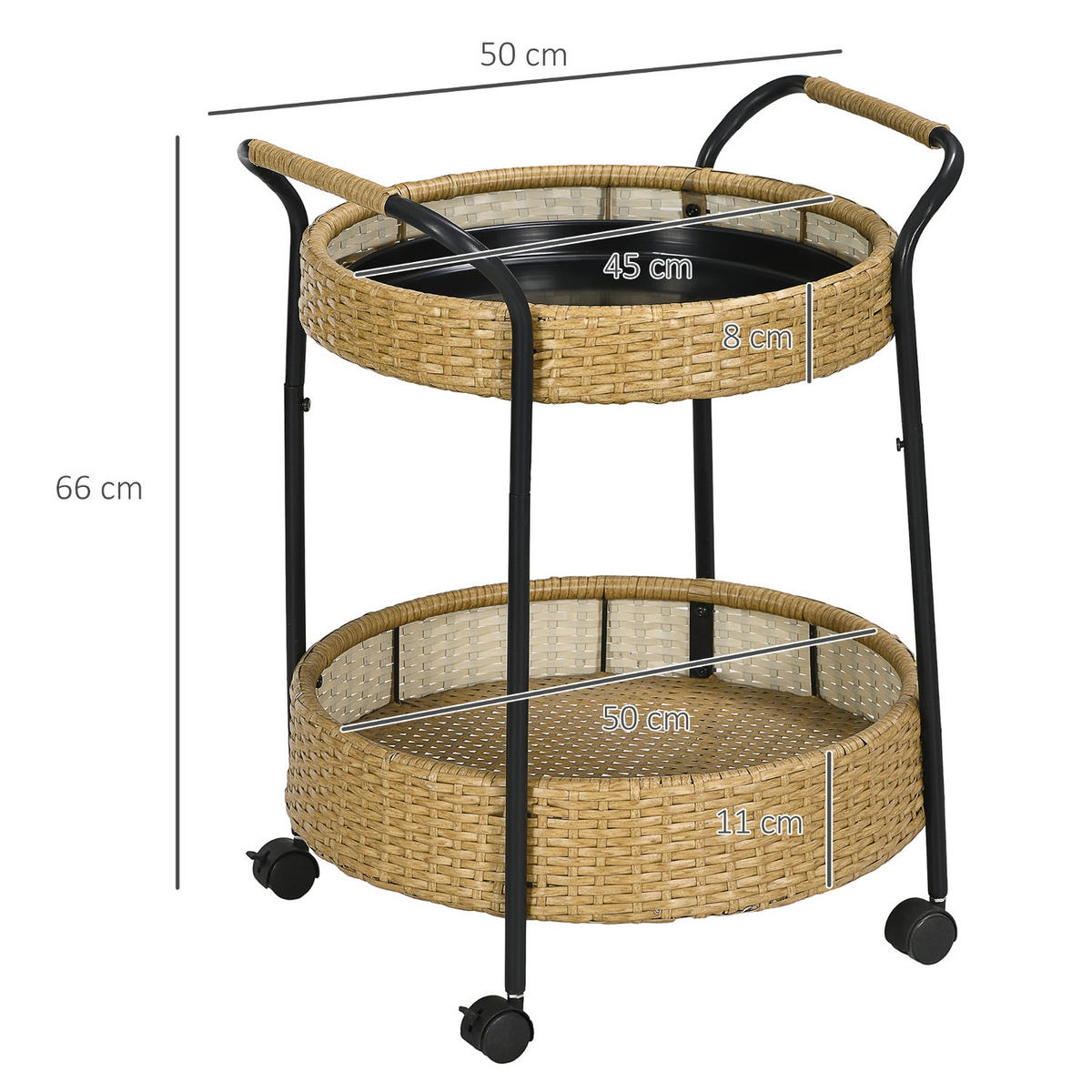 KÜCHENWAGEN 2 ETAGEN, Outdoor Barwagen mit Rollen, Polyrattan Natur - Gelb, Holzwerkstoff (50/66/50cm) - Rolipo