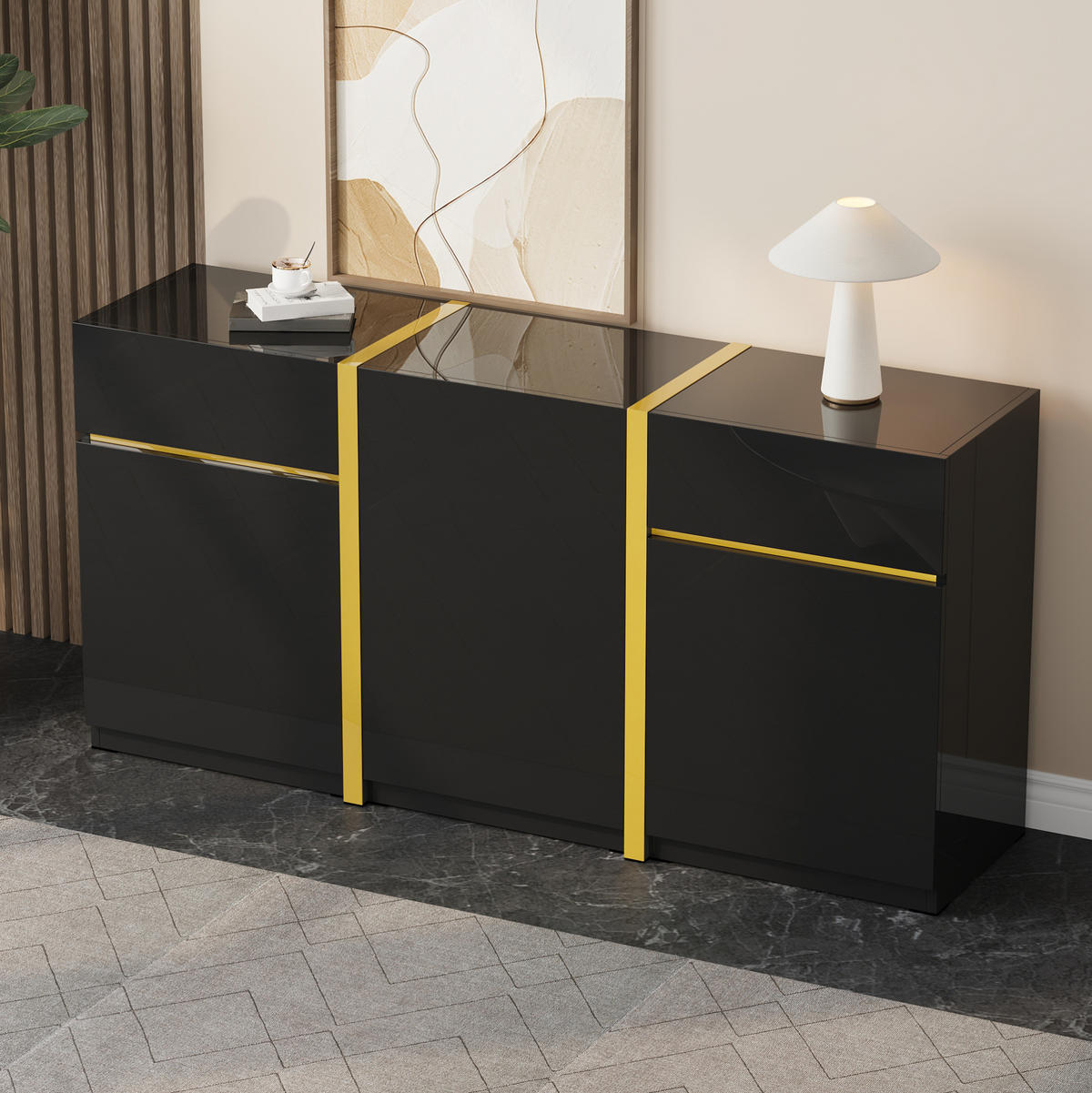 KOMMODE aus MDF & Spanplatte 160x40x78cm in Schwarz mit Hochglanz - Schwarz, Holzwerkstoff (160/78/40cm) - Modfu