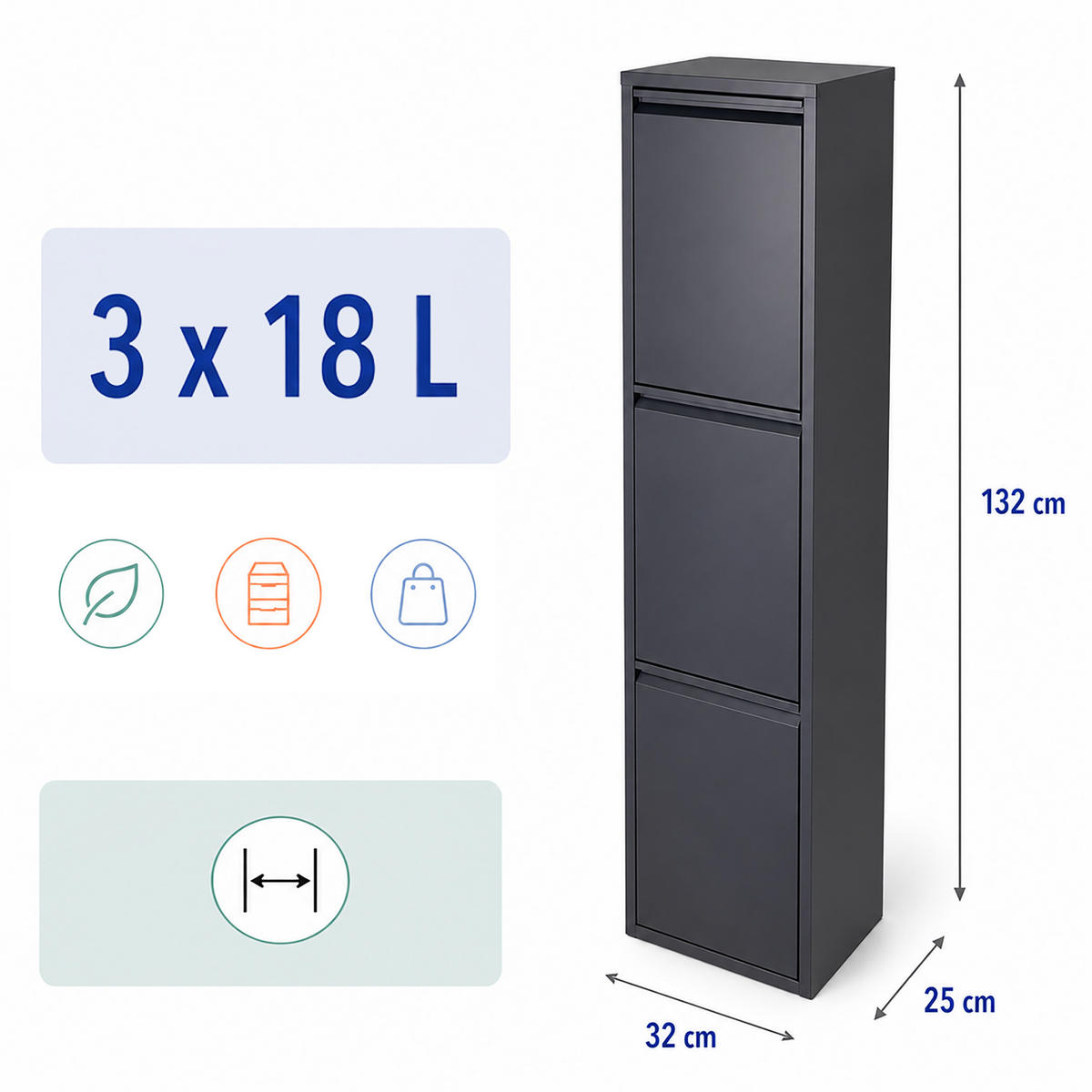 COȘ Antracit colectare selectivă 3x18 l oțel - antracit, material plastic/metal (32/132/25cm) - Relaxdays