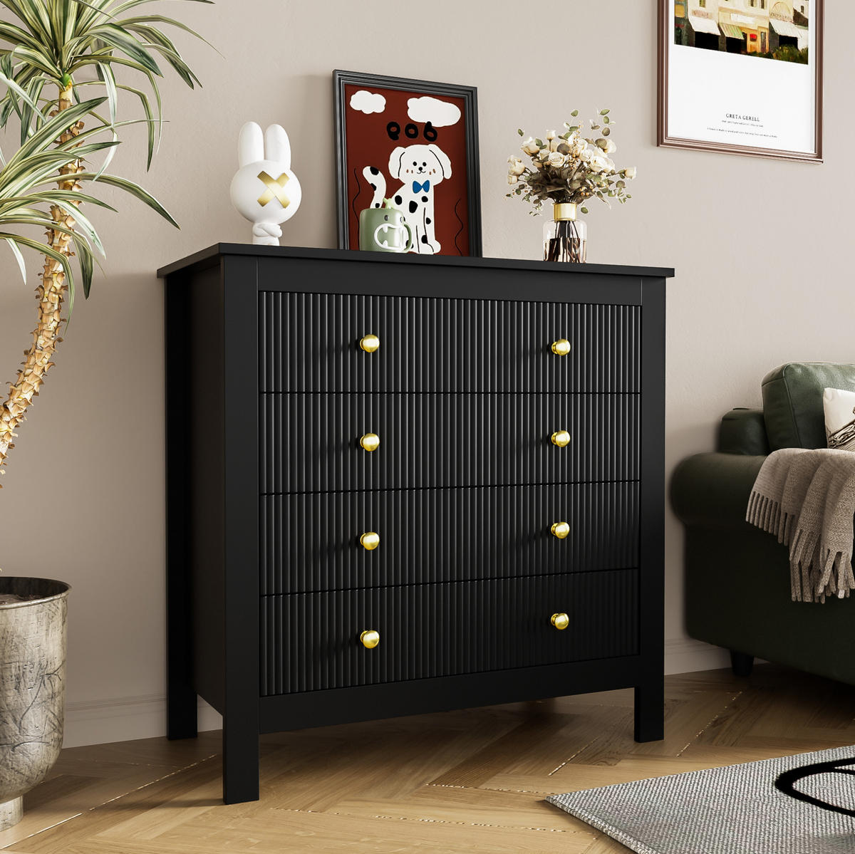 KOMMODE 79/39,5/80,5 cm aus Spanplatte mit 5 strukturierten Schubladen Schwarz - Schwarz, Holzwerkstoff (79/80.05/39.5cm) - Modenvie