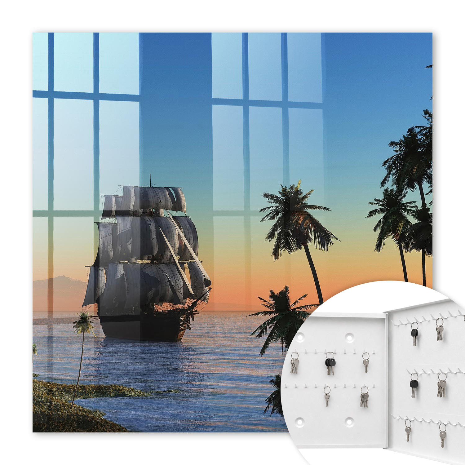 SCHLÜSSELBOX Weiß 30x30 cm – Türöffnung nach rechts - Seesegelschiff - Blau, Metall (30/30/5cm) - TULUP