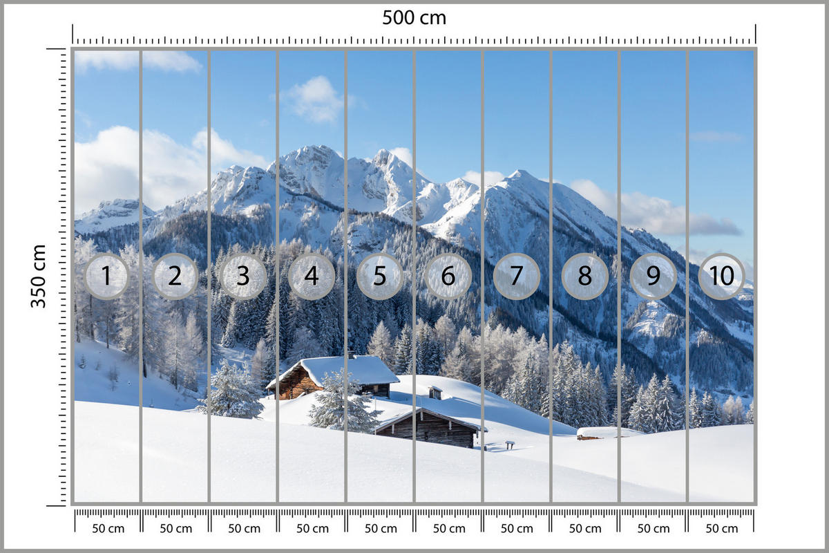FOTOTAPETE für Wohnzimmer Felsige Berge Winter Tannen Holzhütten Schnee 500x350 - Braun/Weiß, Papier (500/350cm) - Muralo