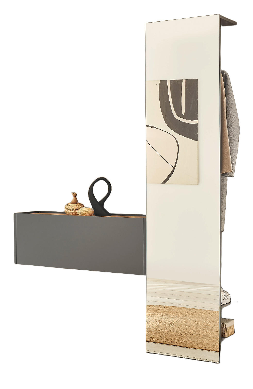 GARDEROBEN-SET 2-teilig grau matt, Eiche Wotan 150 cm, Flurgarderobe mit Spiegel - Eiche Wotan/Grau, Glas/Holzwerkstoff (150/200/30cm) - Furn.Design