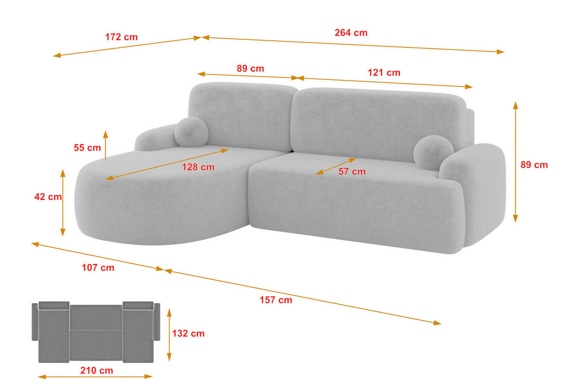 ECKSOFA mit Schlaffunktion und Bettkasten LIRA-L - 264x172x89 Hellgrau - Hellgrau, Holzwerkstoff/Textil (264/172cm) - ALTDECOR
