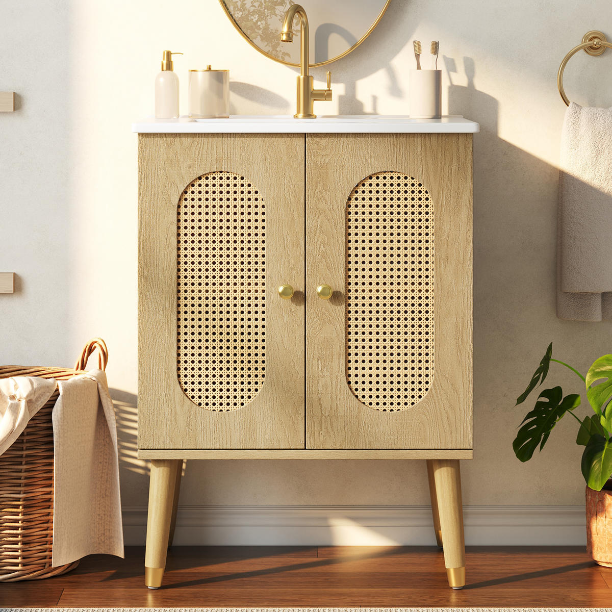 BADEZIMMERSCHRANK Rattan Türen Holzoptik Stauraum 61cm - Naturfarben, Keramik (61/89/47cm) - FLIEKS