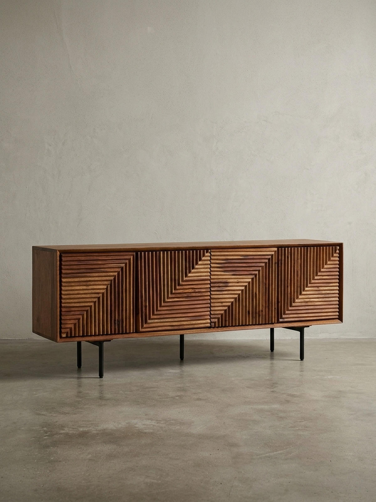 LOWBOARD Massivholz Modern Stil Modell Spectrum mit 3D-Oberfläche und Edelstahl-Gestell - Schwarz/Braun, Holz/Metall (140/54/33cm) - KADIMA DESIGN
