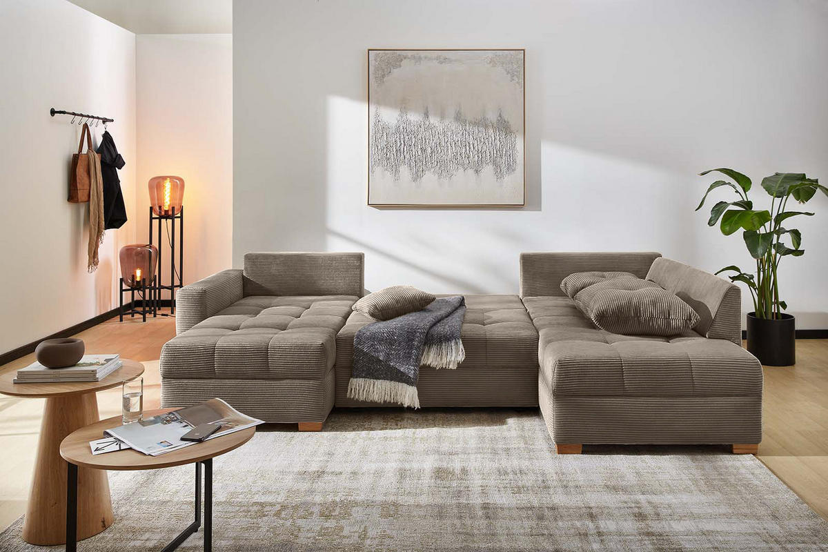 WOHNLANDSCHAFT mit Schlaffunktion und Bettkasten, spiegelverkehrt montierbar U-Form B313/T200/H92 cm, Cord Braun Taupe / 15219 - Taupe/Eichefarben, Holz/Textil (313/92/200cm) - luma-home