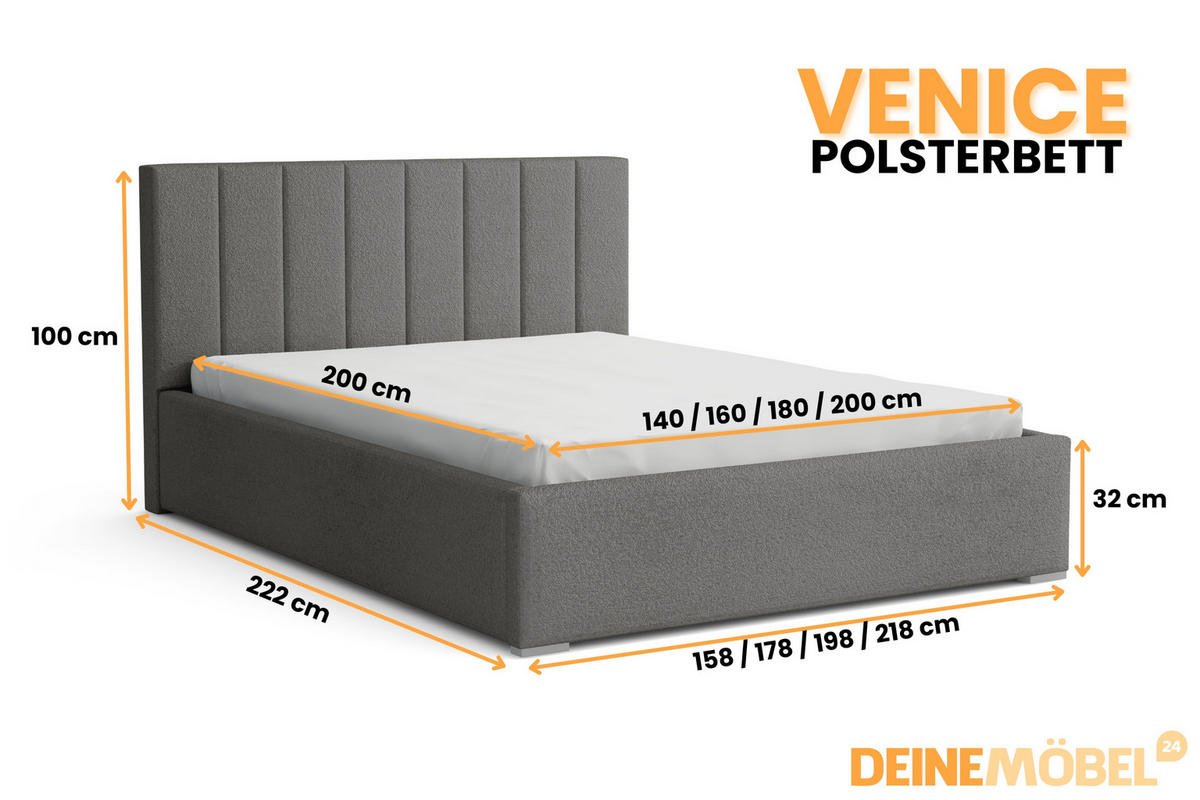 POLSTERBETT VENICE 140/200 in Boucle Grau - Grau, Holz/Holzwerkstoff (140/200cm) - Deine Möbel 24