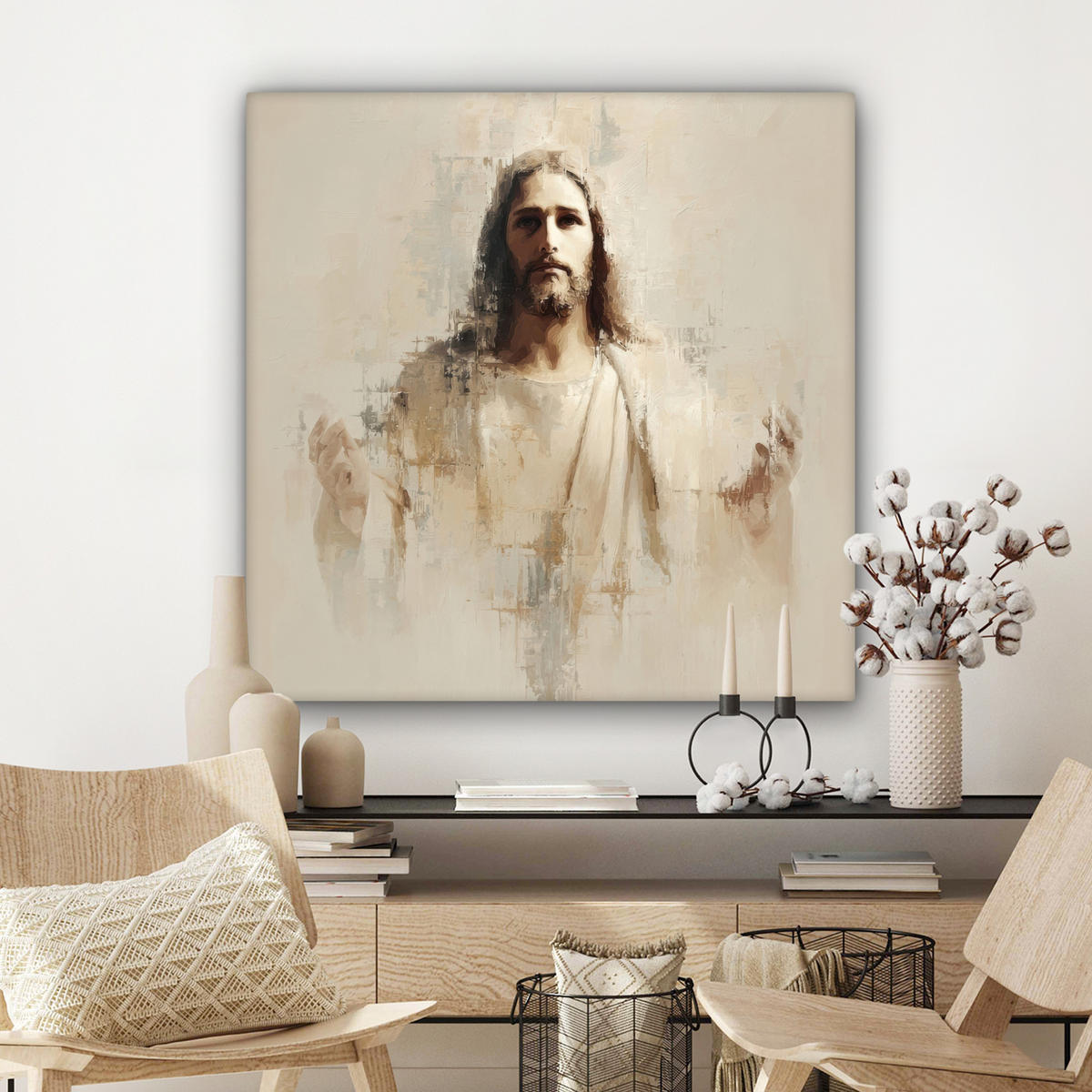 LEINWANDBILD Porträt - Abstrakt - Jesus - Beige Deko Groß 90x90 cm - Beige, Textil (90/90cm) - MuchoWow