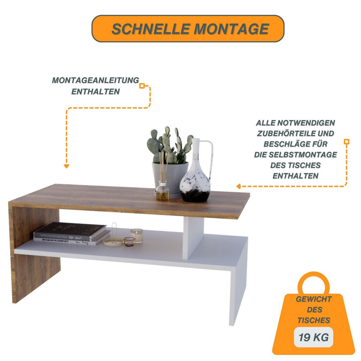 COUCHTISCH Holzwerkstoff rechteckig stabil Nussbaumfarben 50/45/93cm - Nussbaumfarben/Weiß, Holzwerkstoff (50/93/45cm) - CraftPAK