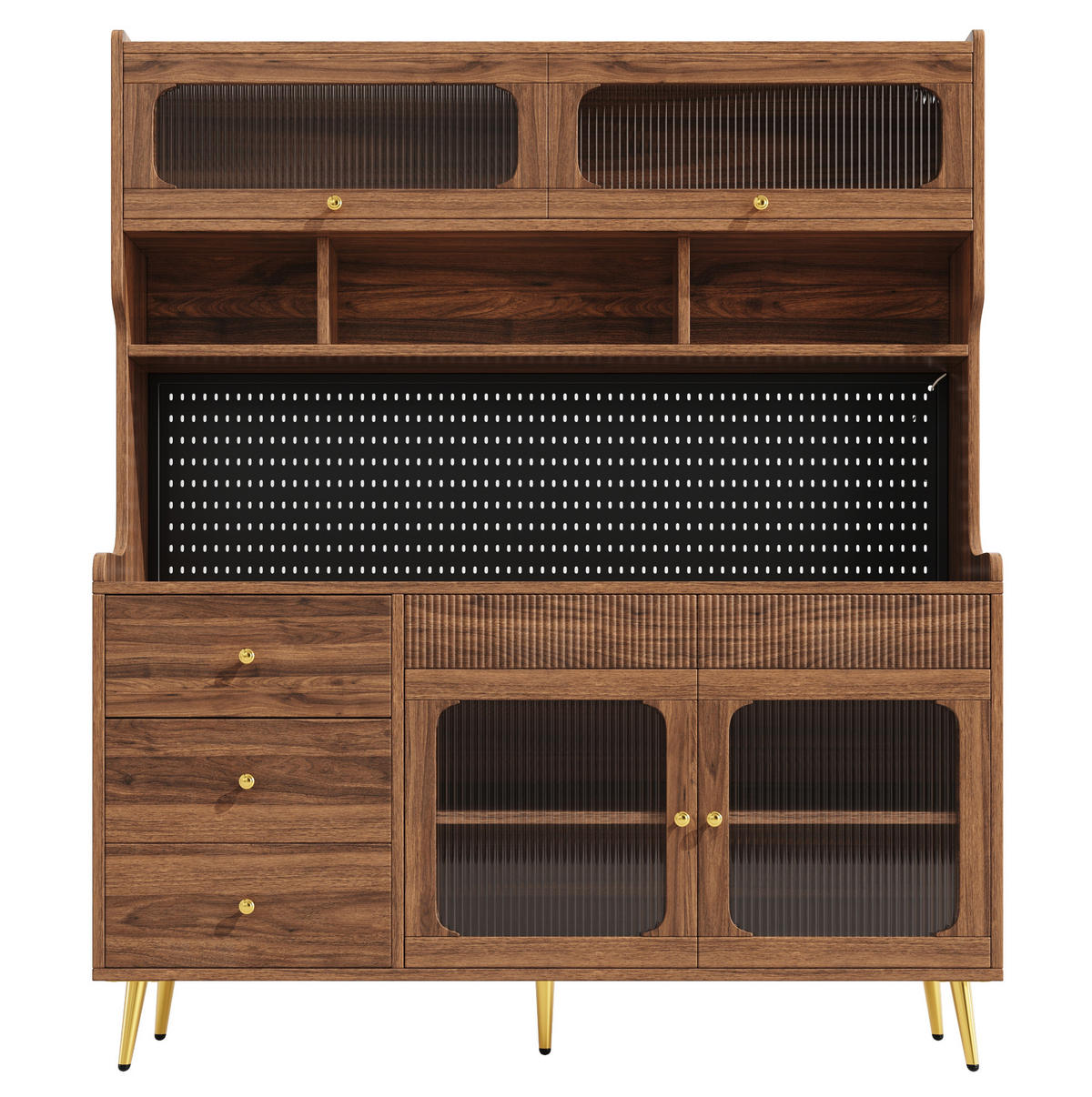 BUFFET 145/39/171 cm walnuss aus MDF und Glas mit LED - Walnussfarben, Holzwerkstoff (145/171/39cm) - OKWISH