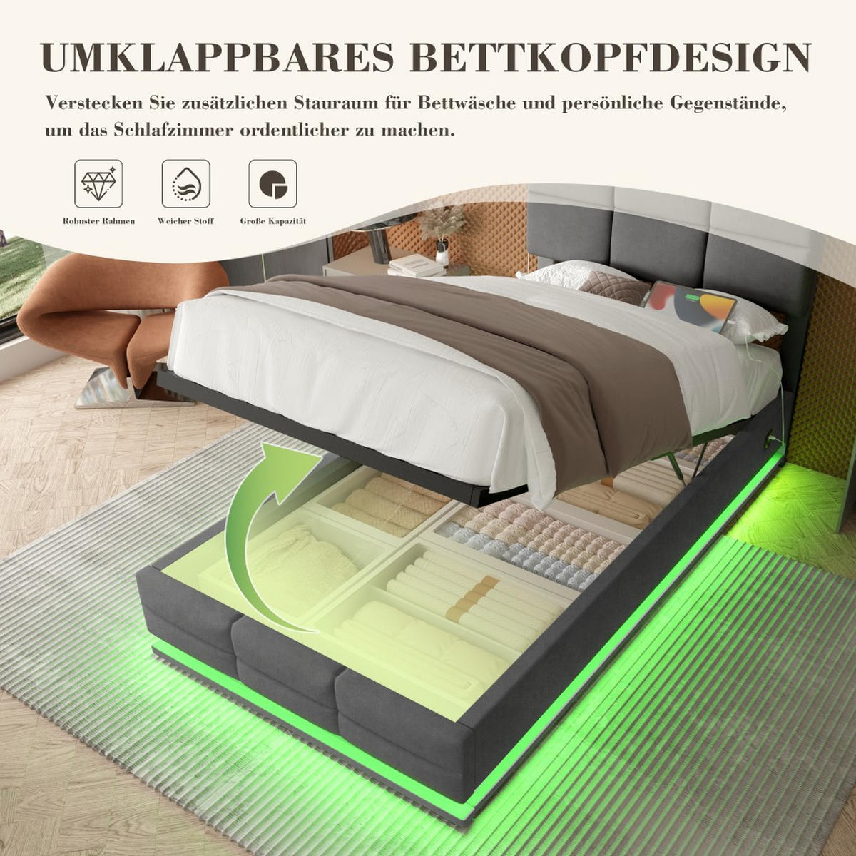 BOXBETT 90/200 mit Bettkasten, LED, USB/Typ C-Ladeanschluss,Samt,Grau - Grau, Holz (90/200cm) - LVHOM