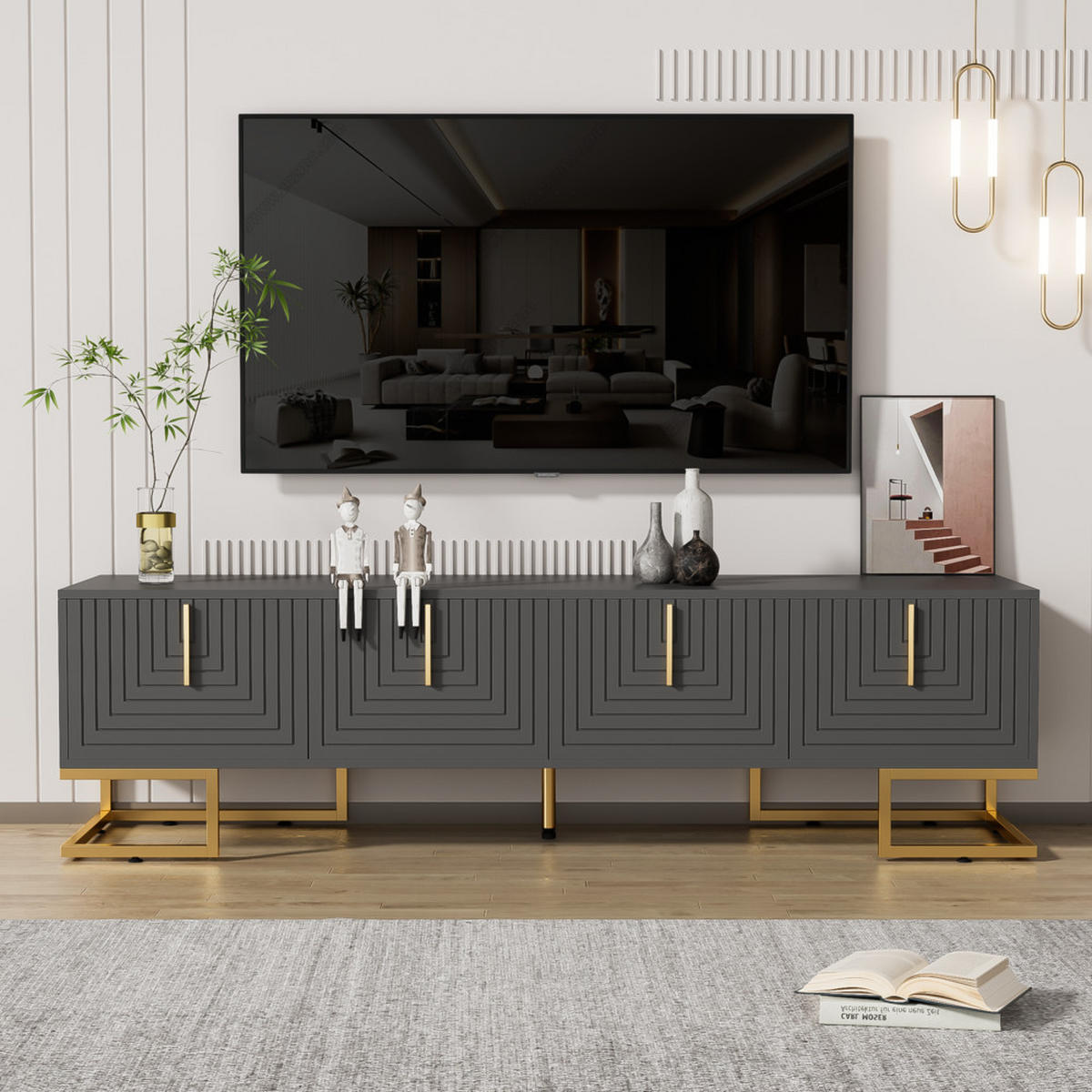 TV-SCHRANK Lowboard Goldene Griffe Füße 70-79 Zoll Schwarz Grau - Grau, Holz (49/13.5/99.5cm) - FLIEKS