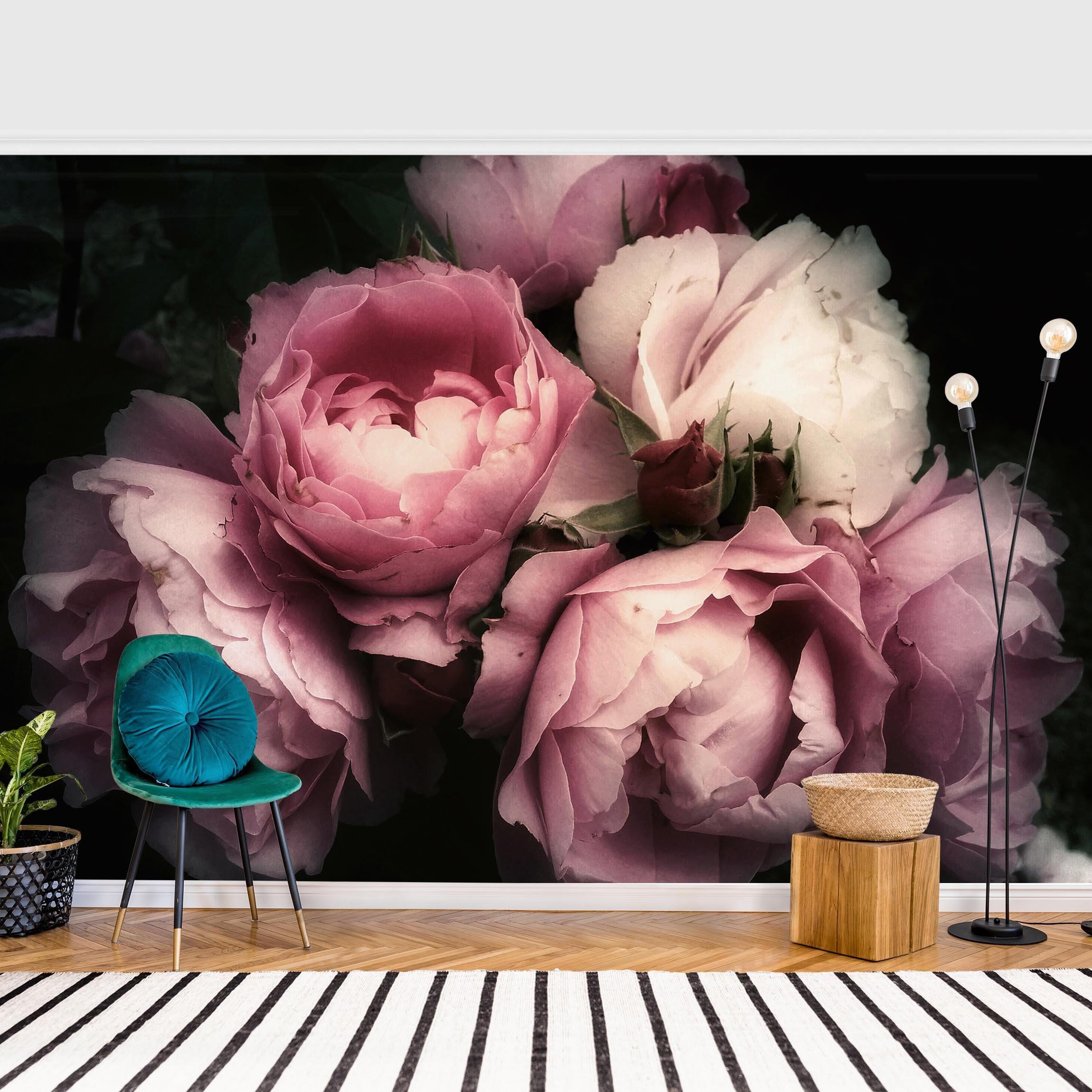 FOTOTAPETE Pfingstrosen vor Schwarz Shabby 288/190 cm - Rosa, Papier (288/190cm) - Bilderwelten