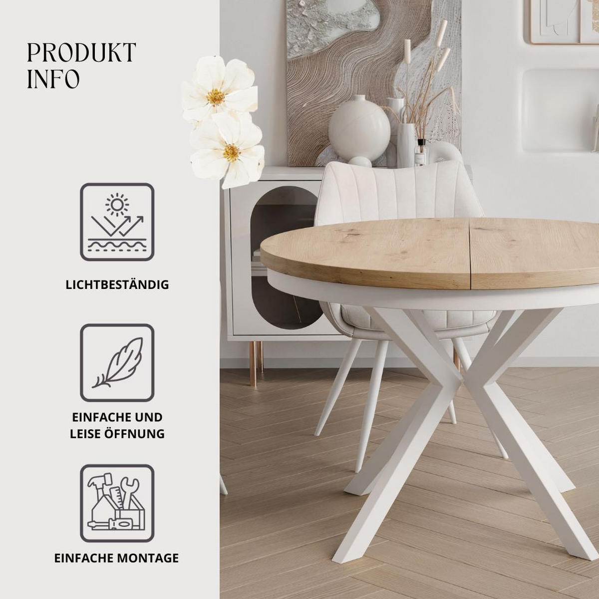 AUSZIEHTISCH MILTON 90-166/76 cm mit Metallgestell, Weiß / Artisan-Eiche - Weiß/Eiche Artisan, Holzwerkstoff/Metall (90/90/76cm) - Idohome
