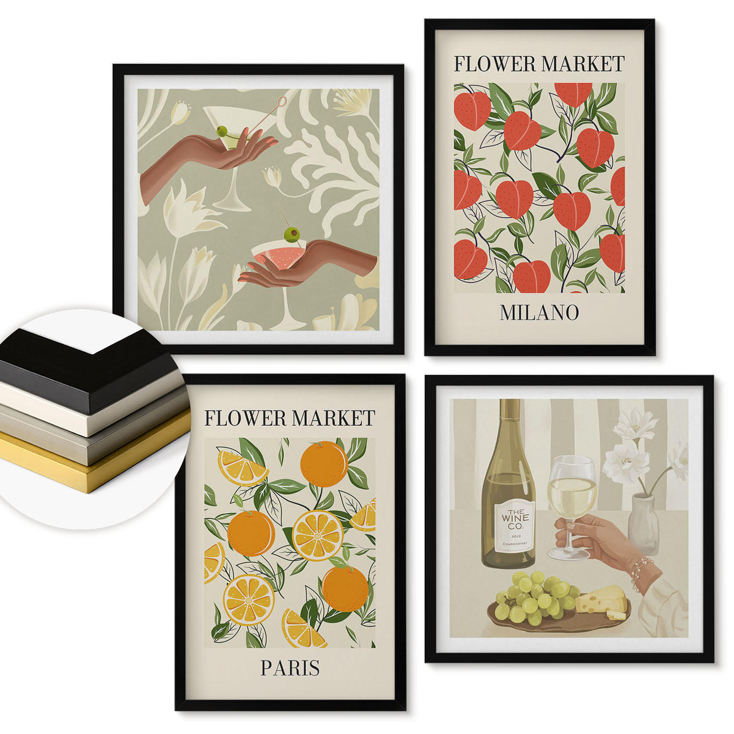 WANDBILDER 4er-Set - 50x50 cm & 40x60 cm Schwarzer Rahmen - Blumenwein Mailand Paris - Schwarz, Kunststoff (50/50cm) - ArtPrintCave