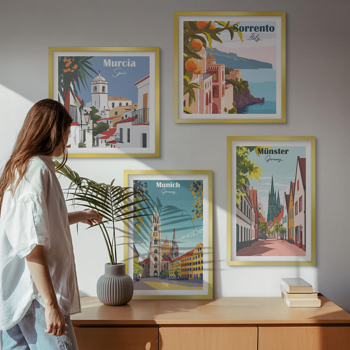 BILDER SET 4er Set - 50x50 cm & 40x60 cm Goldrahmen - Europäische Städte in farbigen Illustrationen - Goldfarben, Kunststoff (50/50cm) - TULUP