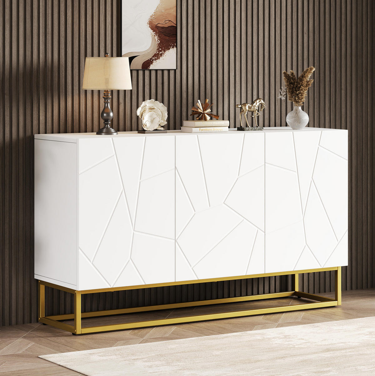 ANRICHTE 130/38/76 cm in Weiß/Gold mit Hochglanzfront und 3 Türen - Weiß, Holzwerkstoff (130/76/35cm) - Flora Grace