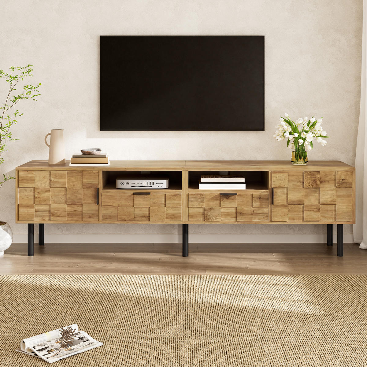 TV-SCHRANK Mosaik Lowboard 2 Türen 2 Schubladen Metallfüße - Naturfarben, Holzwerkstoff (35/42.5/160cm) - FLIEKS