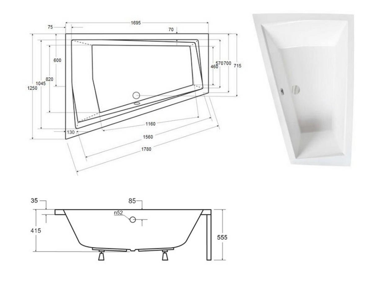 BADEWANNE Eckwanne INTIMA 170/125 Links + Schürze + Ablage Ablauf Füße - Weiß, Kunststoff (125/55.5/170cm) - bad land