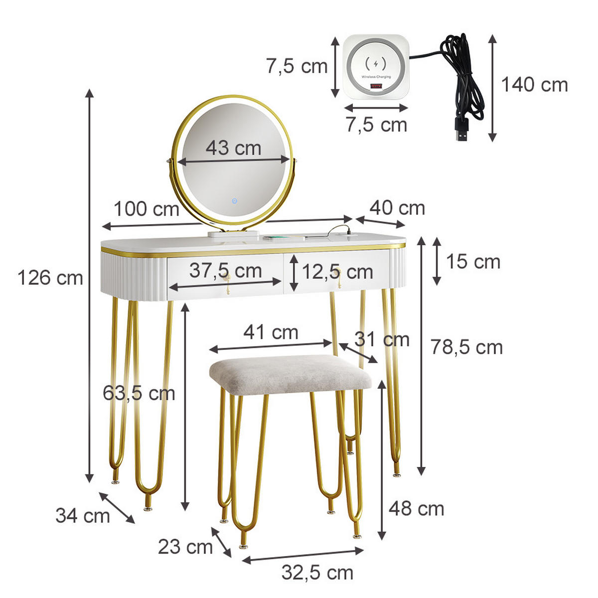 SCHMINKTISCH Grace Weiß 100 cm mit LED-Spiegel QI-Ladestation und Hocker - Weiß Hochglanz, Holzwerkstoff (100/126/40cm) - Vicco
